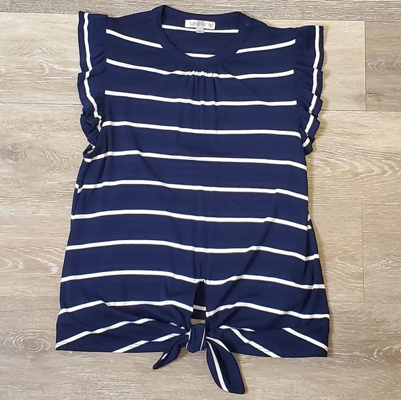Tops - Knit Ruffle Sleeve Tie Front Top Navy